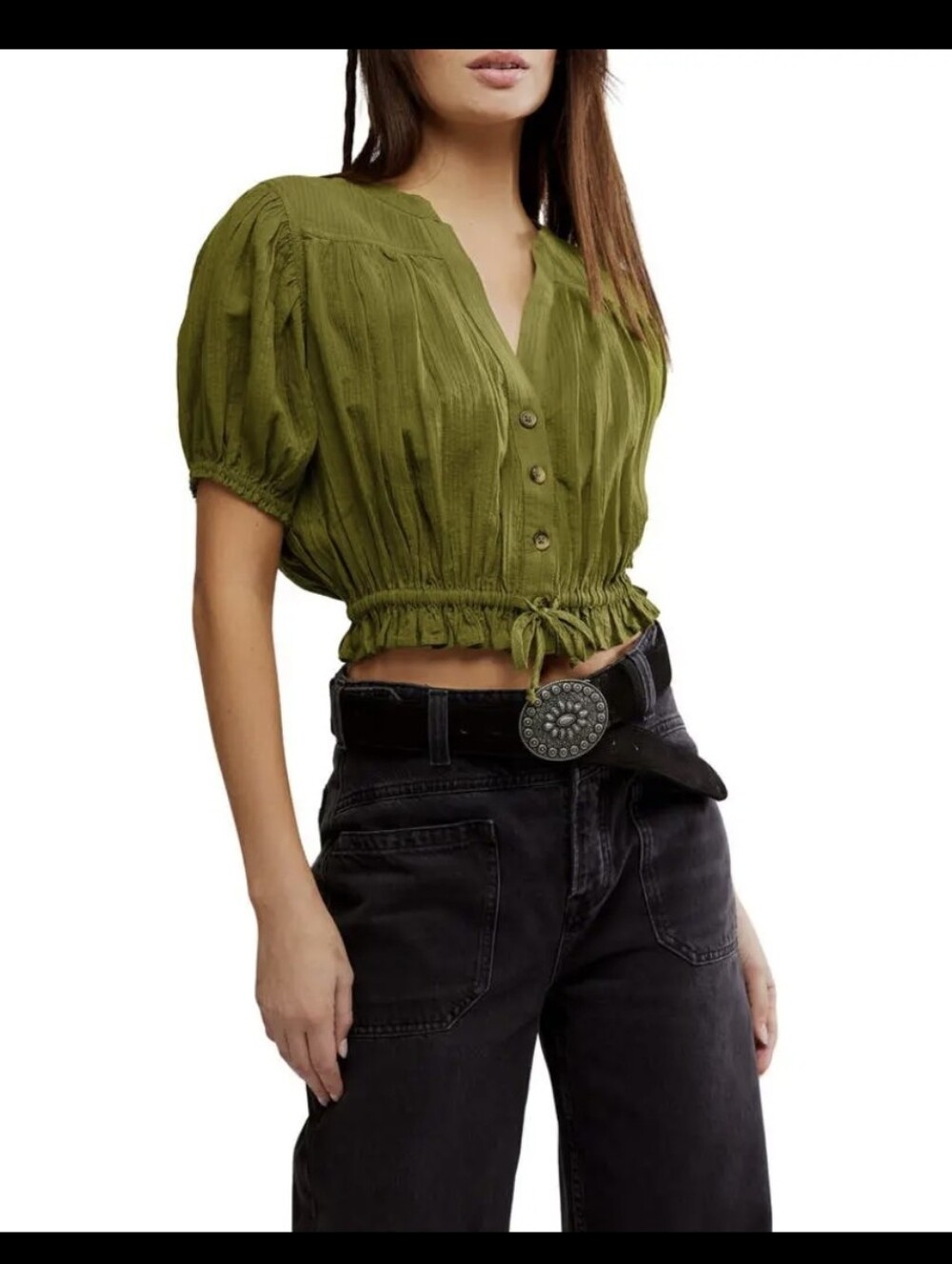 Free People Little Cloud  Green Button-Front  Crop Top Sz M in Peat Moss